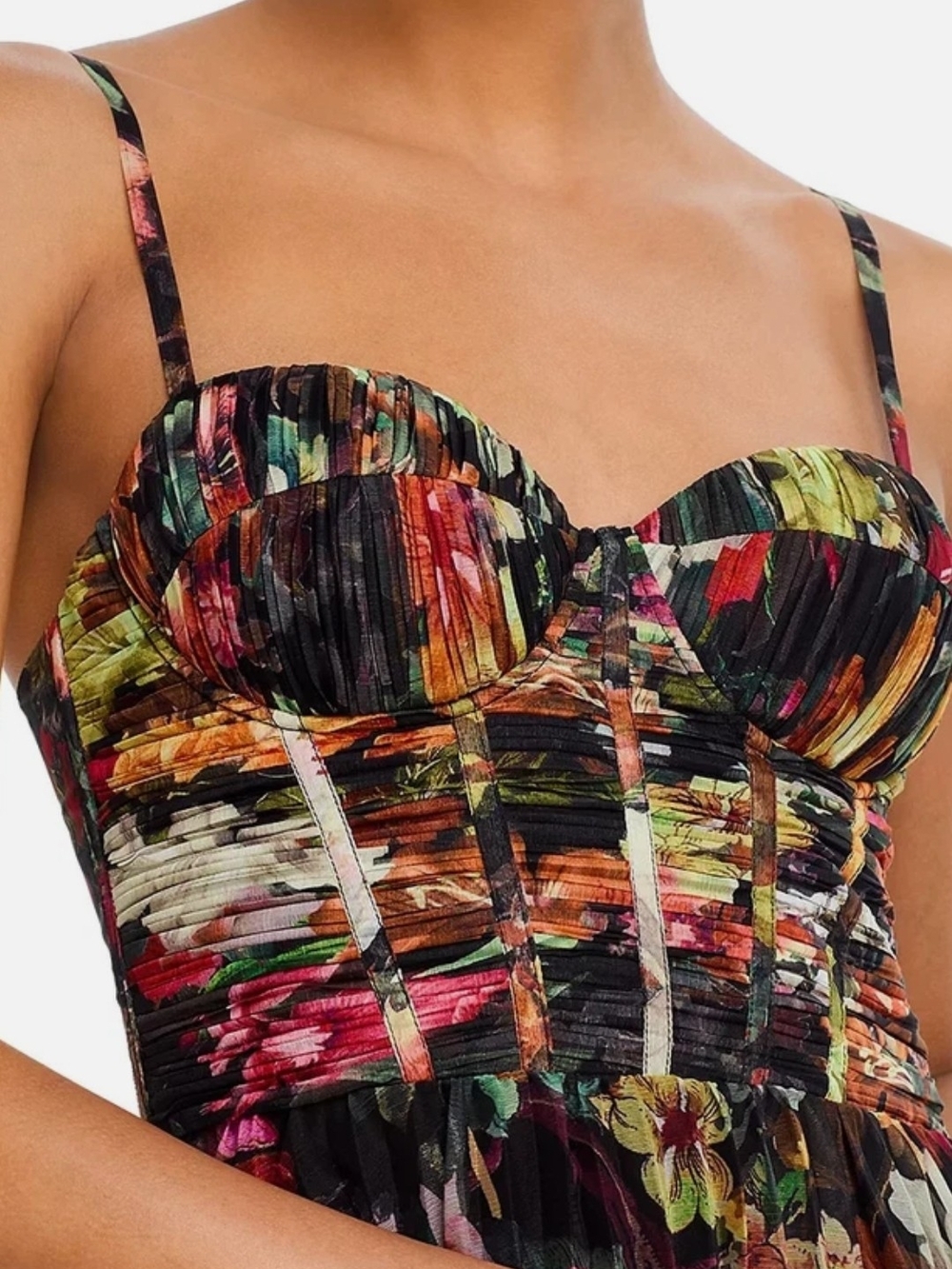 NWT Aqua Black Floral Bustier Midi Dress with Multicolor Garden Print Medium - Picture 2 of 9